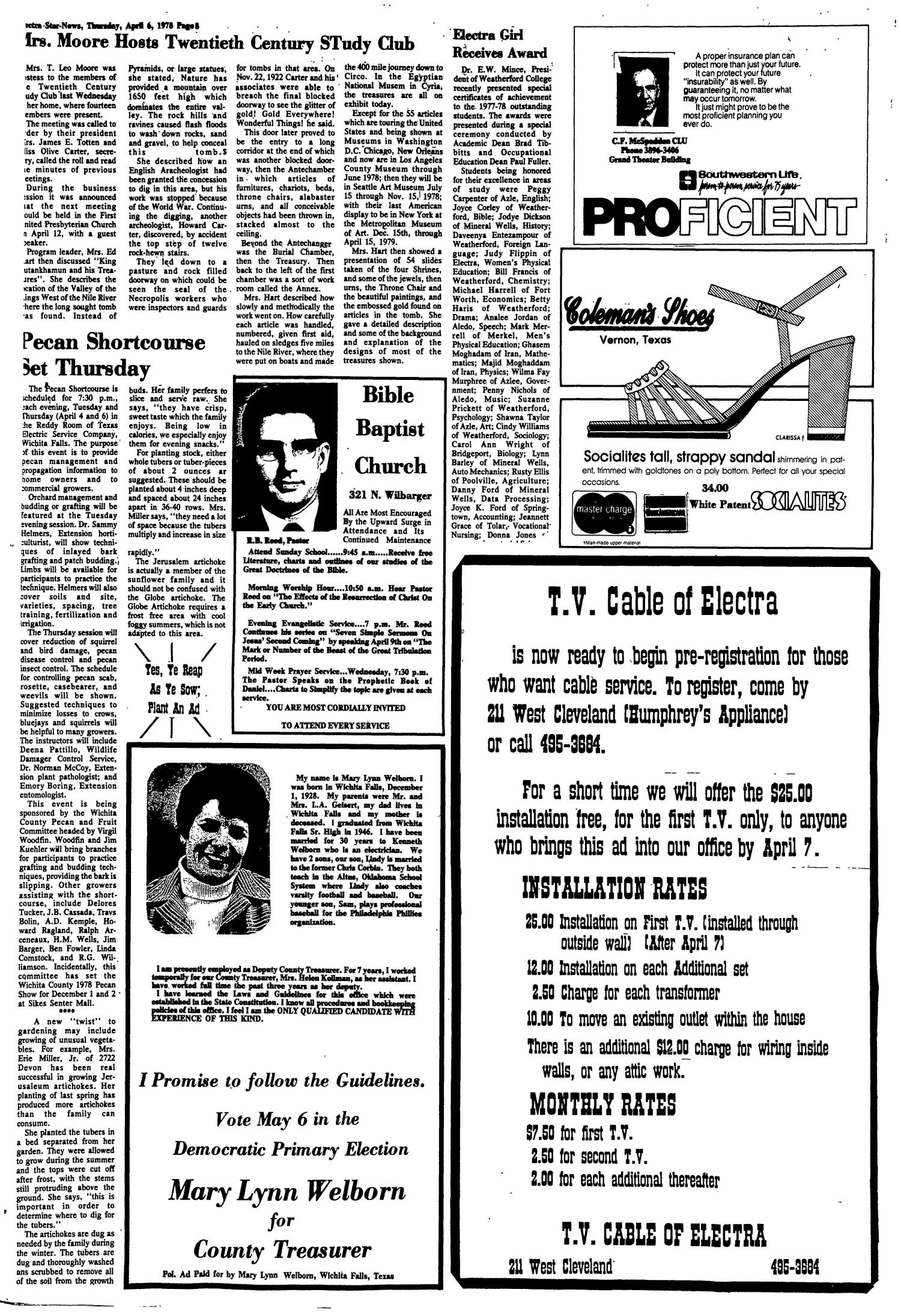 Electra Star-News (Electra, Tex.), Vol. 70, No. 36, Ed. 1 Thursday, April 6, 1978
                                                
                                                    [Sequence #]: 8 of 10
                                                