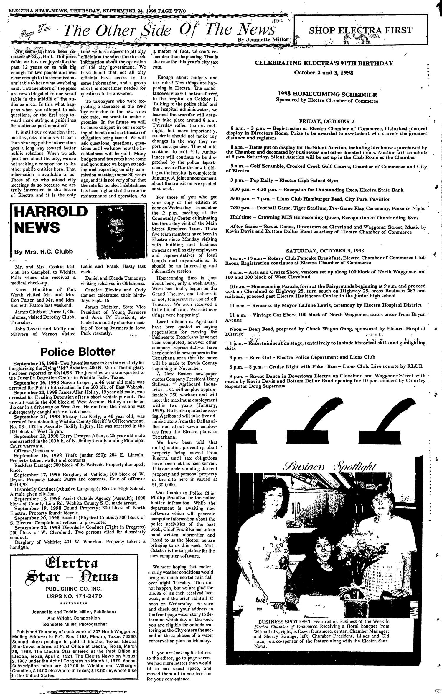 Electra Star-News (Electra, Tex.), Vol. 92, No. 6, Ed. 1 Thursday, September 24, 1998
                                                
                                                    [Sequence #]: 2 of 10
                                                