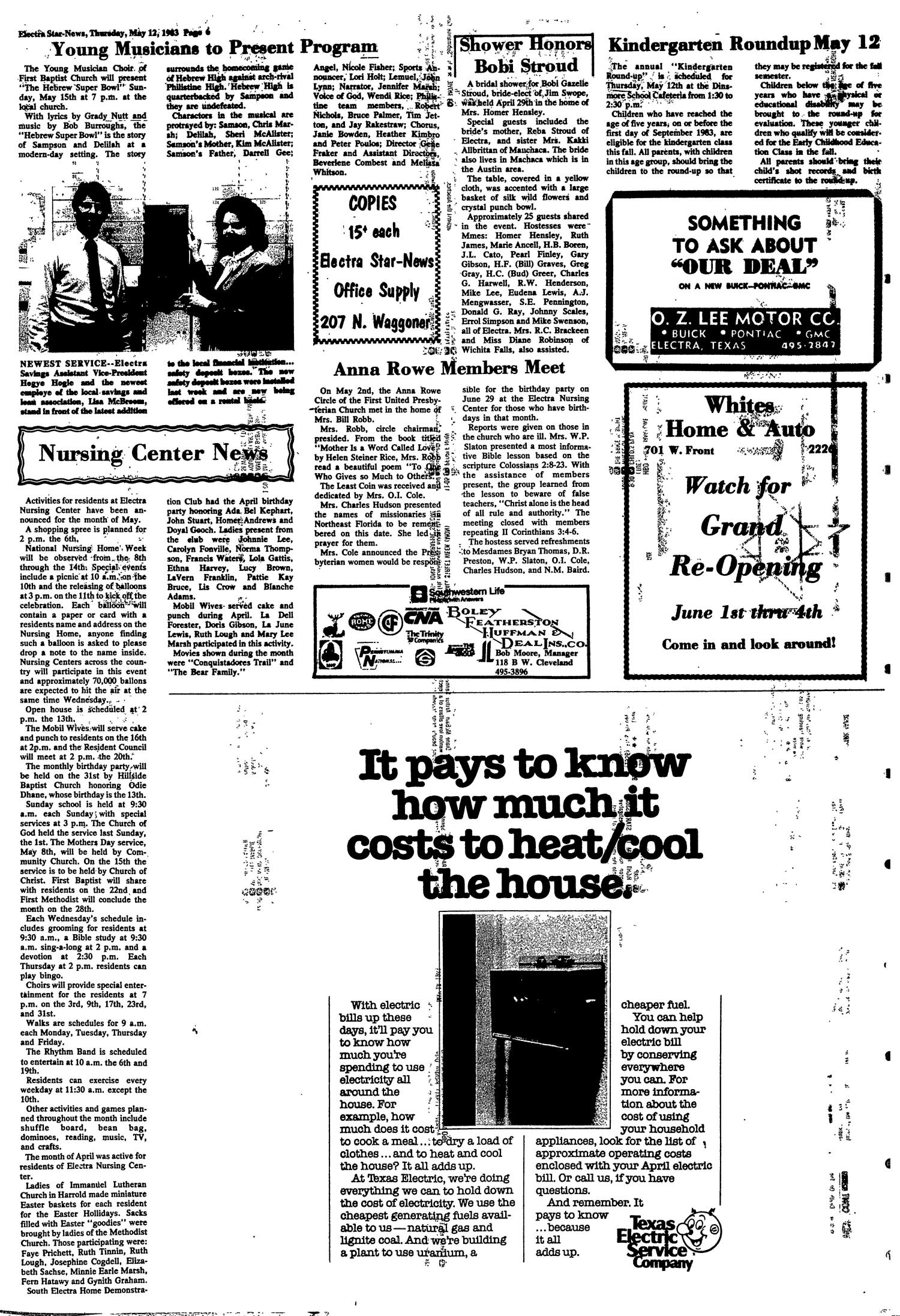 Electra Star-News (Electra, Tex.), Vol. 76, No. 39, Ed. 1 Thursday, May 12, 1983
                                                
                                                    [Sequence #]: 6 of 16
                                                