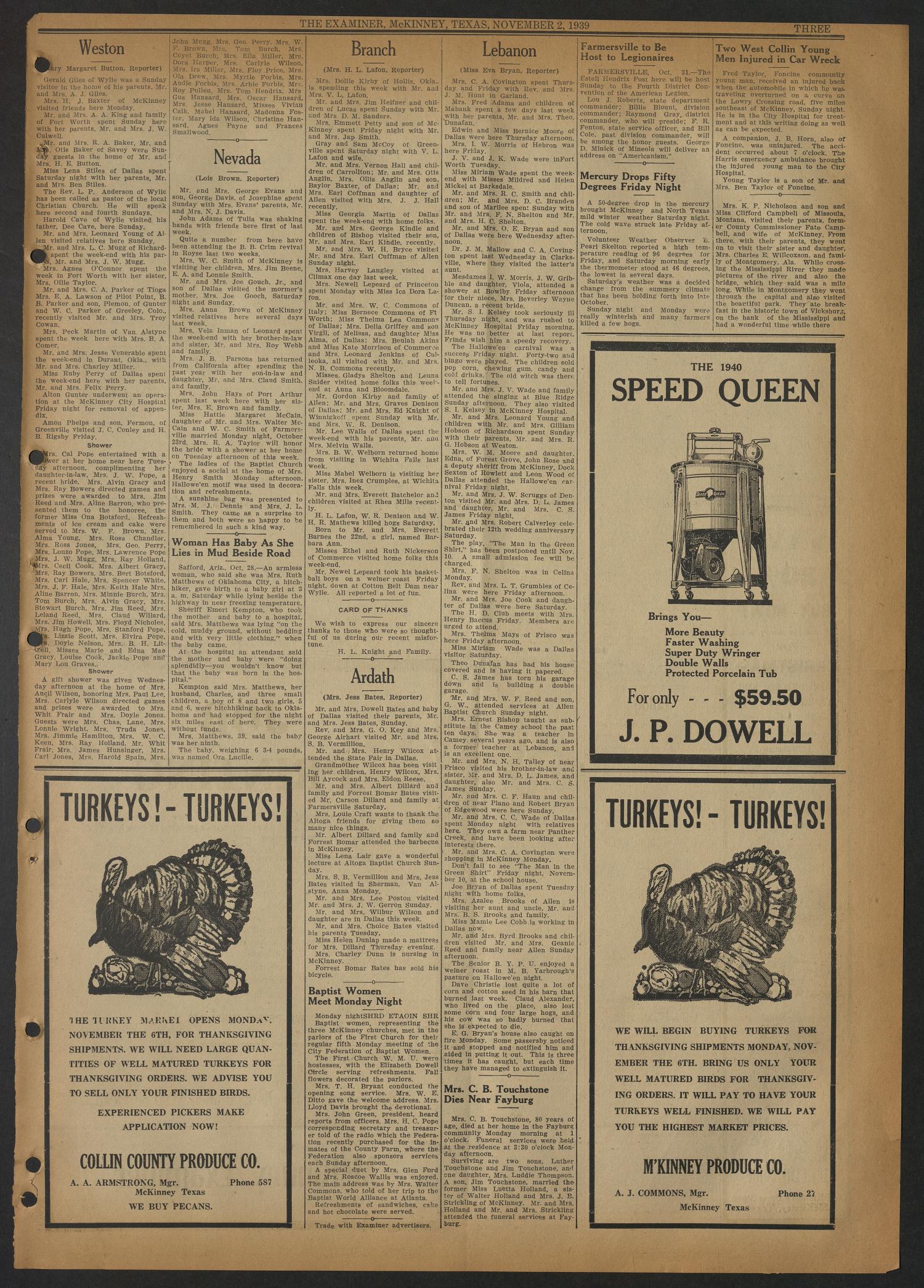 The McKinney Examiner (McKinney, Tex.), Vol. 54, No. 2, Ed. 1 Thursday, November 2, 1939
                                                
                                                    [Sequence #]: 3 of 12
                                                