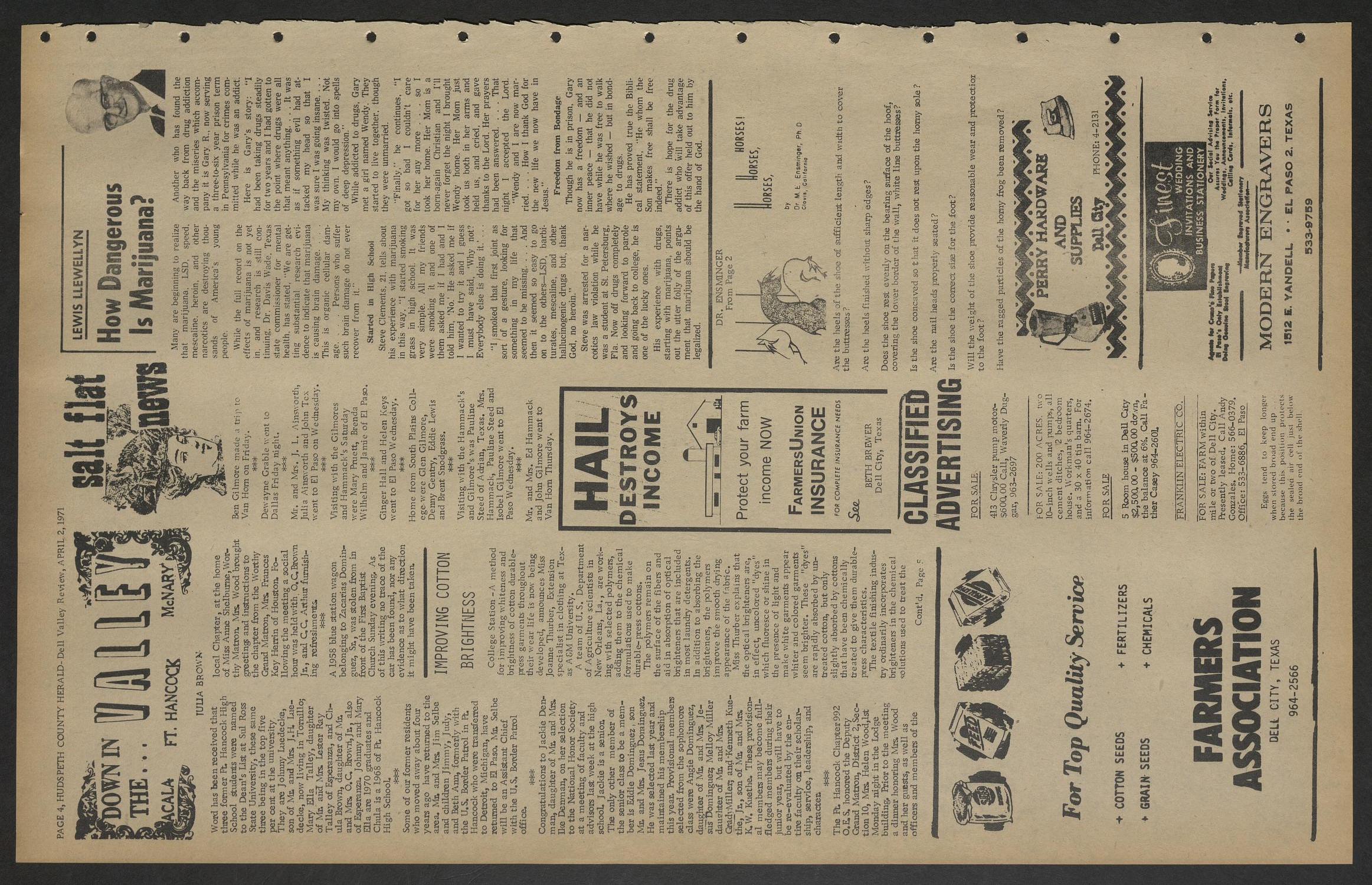 Hudspeth County Herald and Dell Valley Review (Dell City, Tex.), Vol. 15, No. 29, Ed. 1 Friday, April 2, 1971
                                                
                                                    [Sequence #]: 4 of 6
                                                
