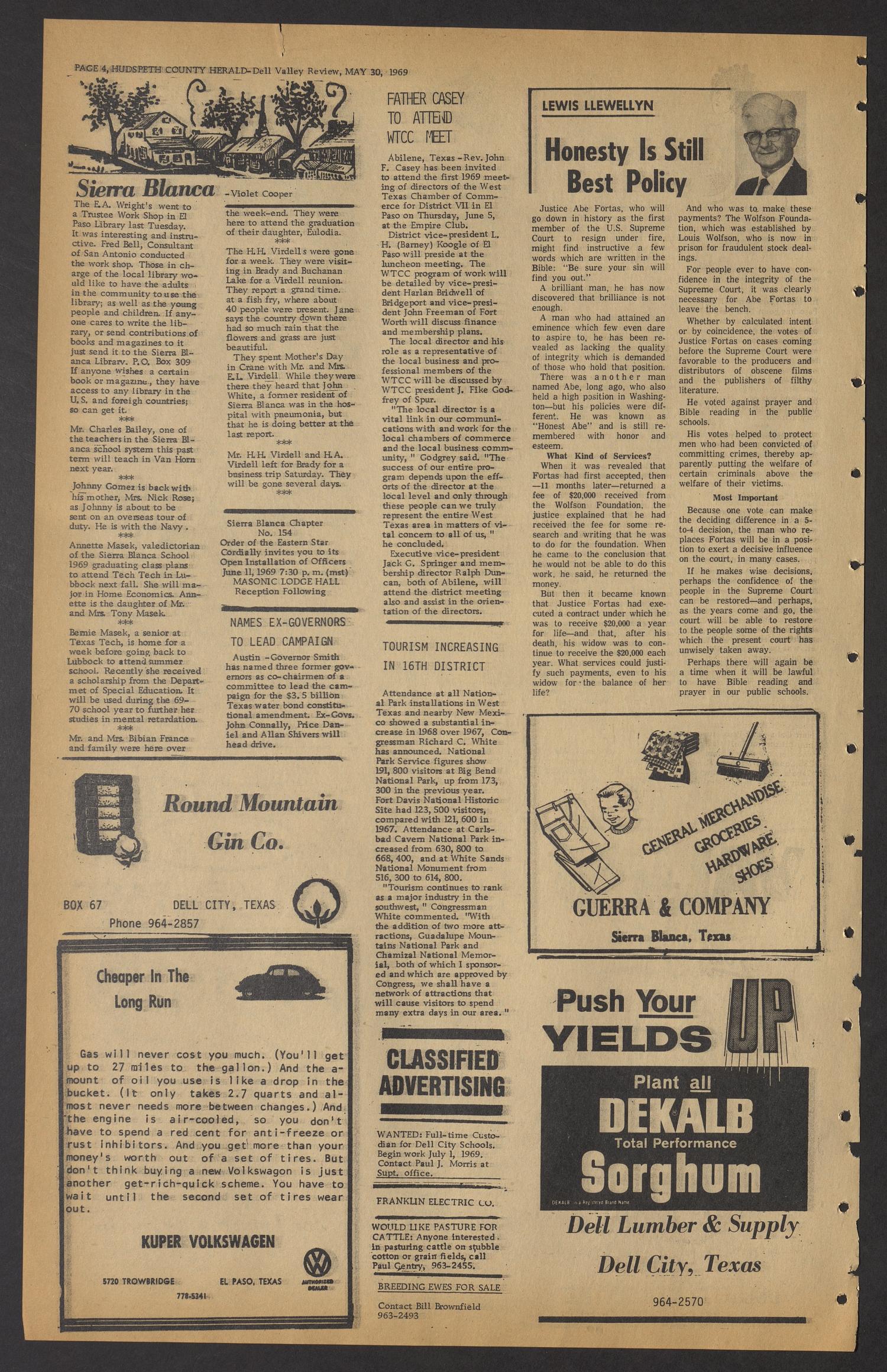 Hudspeth County Herald and Dell Valley Review (Dell City, Tex.), Vol. 13, No. 39, Ed. 1 Friday, May 30, 1969
                                                
                                                    [Sequence #]: 4 of 6
                                                