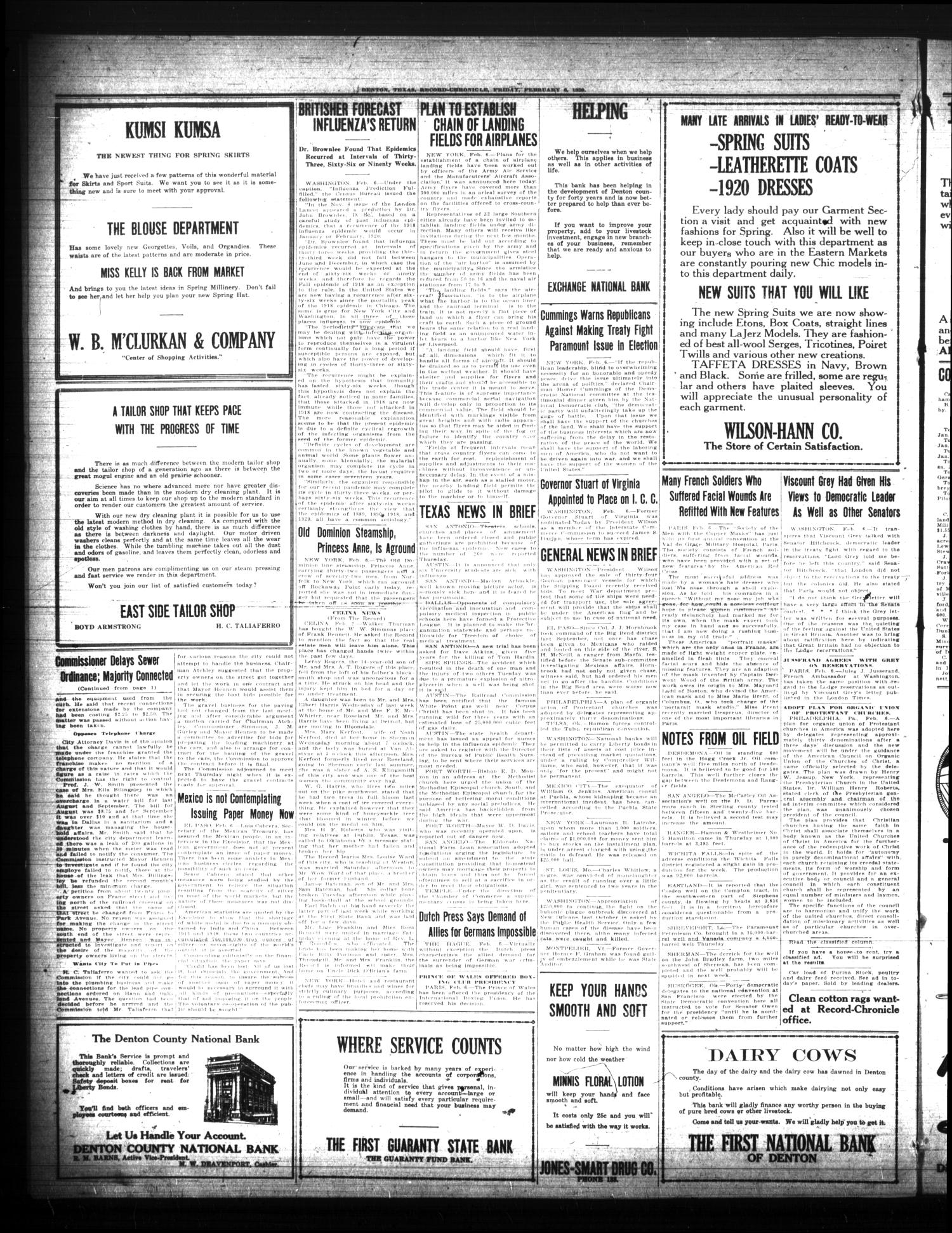 Denton Record-Chronicle. (Denton, Tex.), Vol. 20, No. 151, Ed. 1 Friday, February 6, 1920
                                                
                                                    [Sequence #]: 4 of 8
                                                