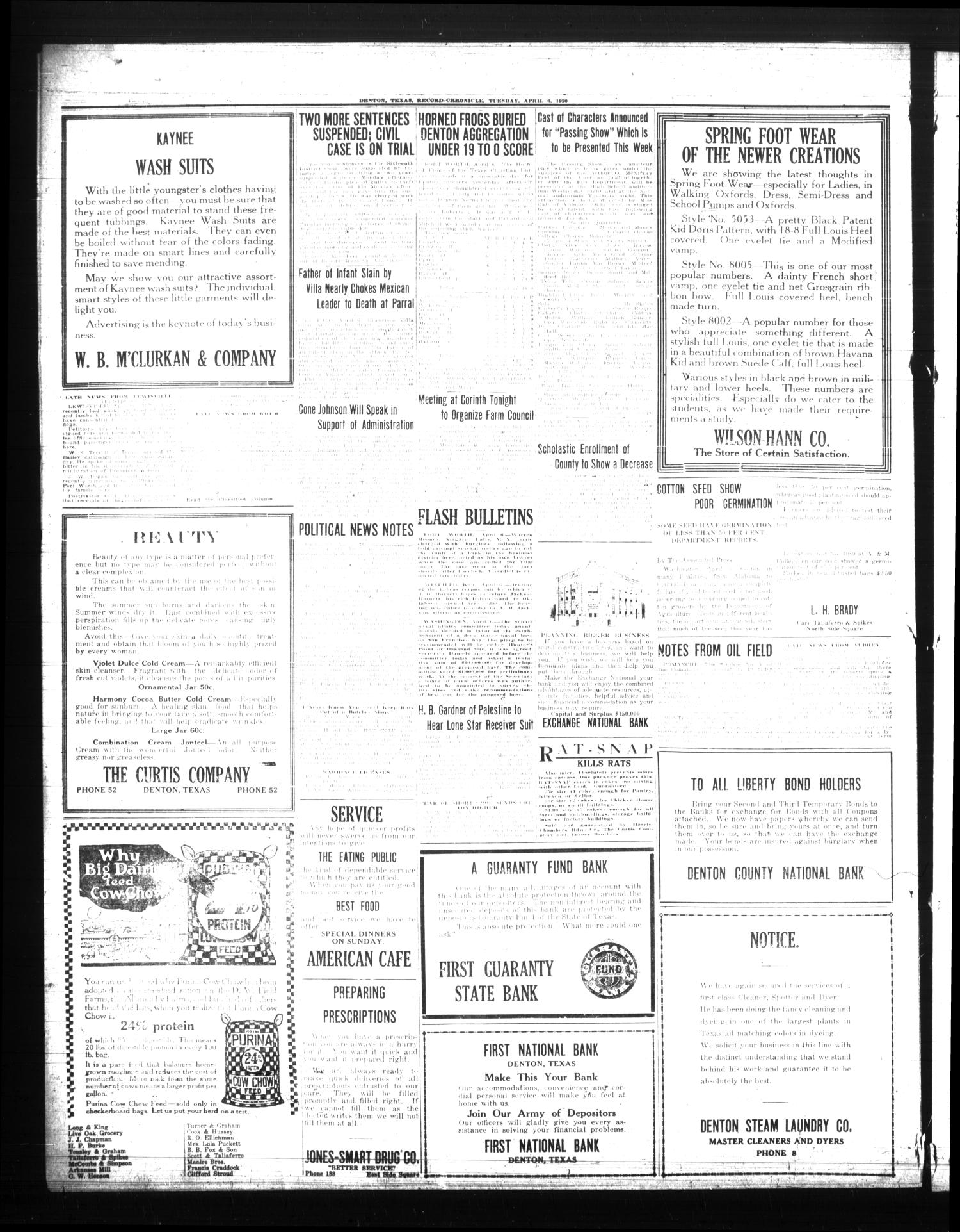 Denton Record-Chronicle. (Denton, Tex.), Vol. 20, No. 202, Ed. 1 Tuesday, April 6, 1920
                                                
                                                    [Sequence #]: 4 of 8
                                                