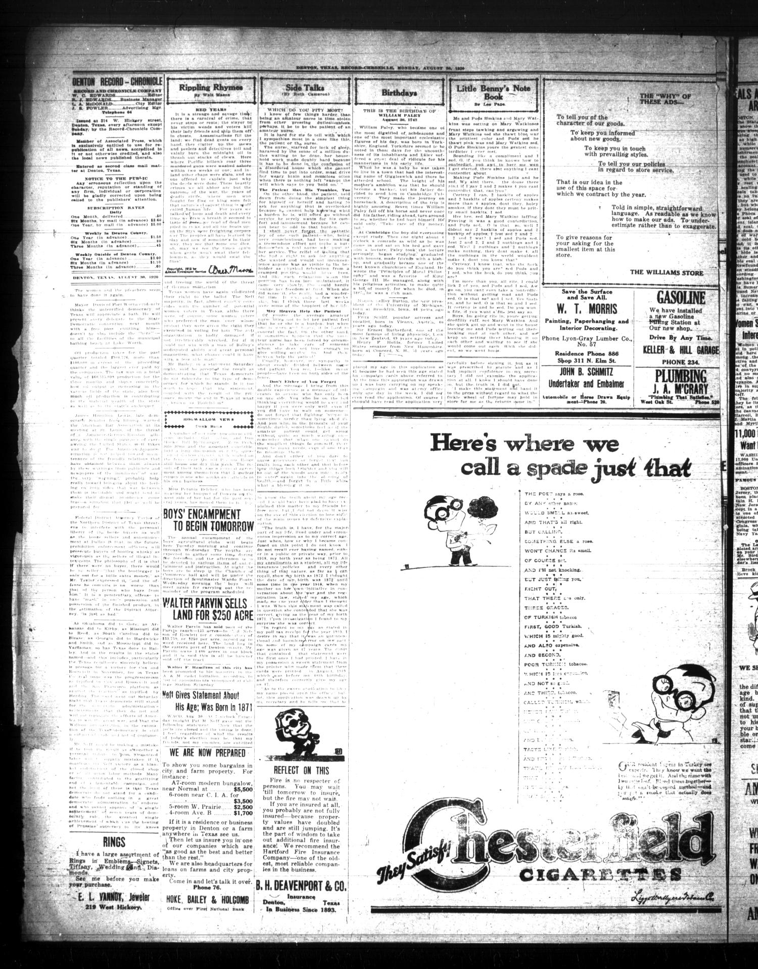 Denton Record-Chronicle. (Denton, Tex.), Vol. 21, No. 14, Ed. 1 Monday, August 30, 1920
                                                
                                                    [Sequence #]: 2 of 8
                                                