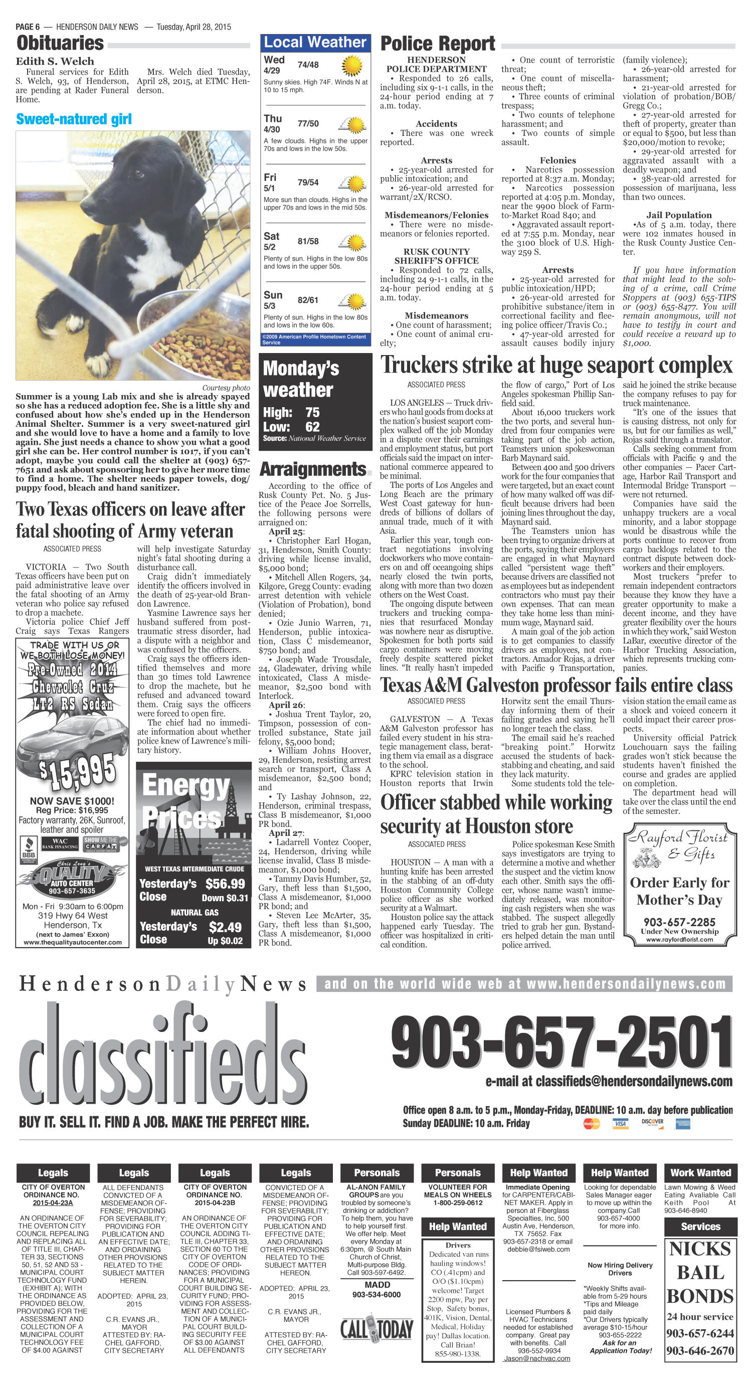 Henderson Daily News (Henderson, Tex.), Vol. 86, No. 34, Ed. 1 Tuesday, April 28, 2015
                                                
                                                    [Sequence #]: 6 of 8
                                                