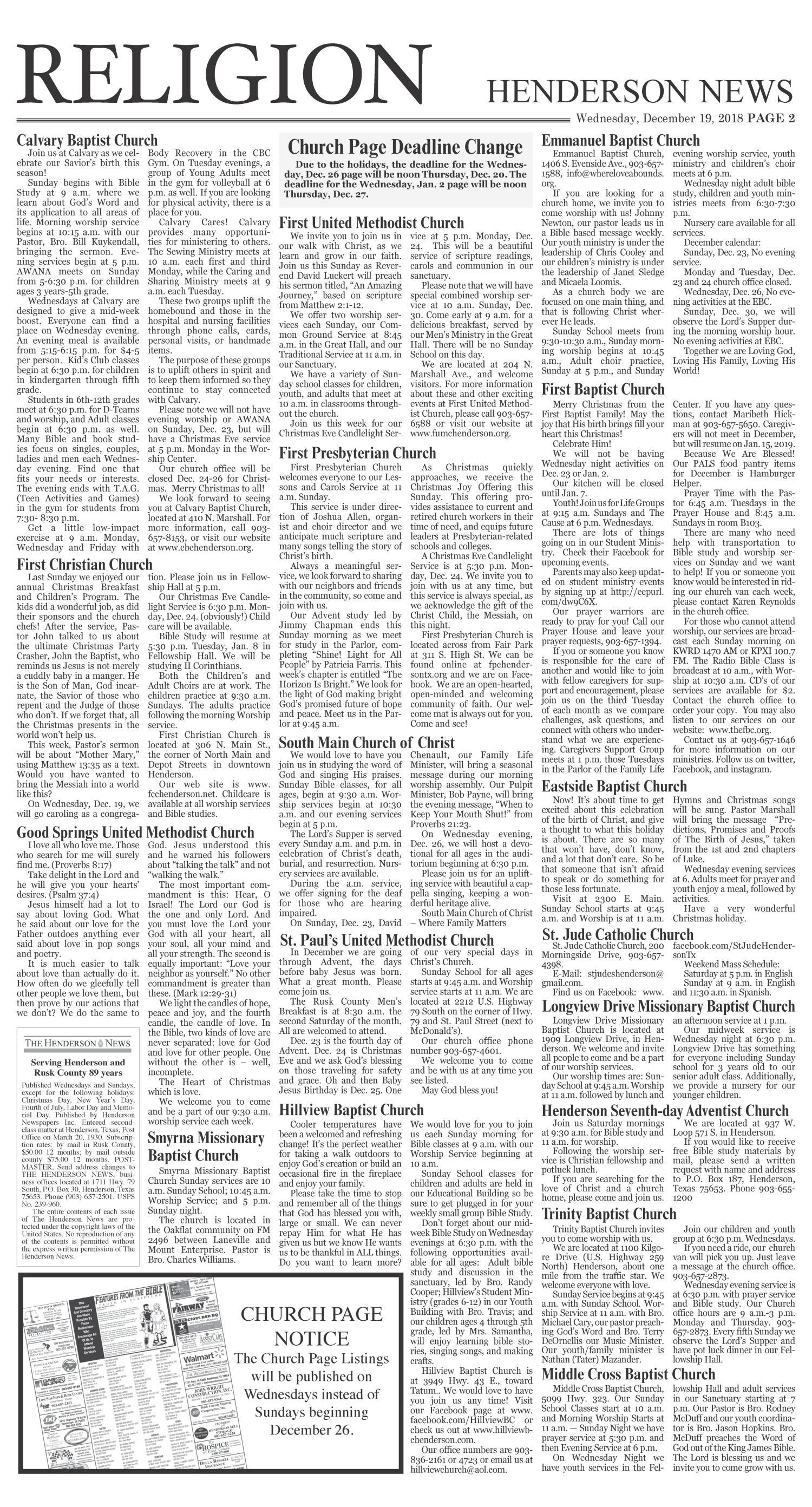 The Henderson News (Henderson, Tex.), Vol. 89, No. 79, Ed. 1 Wednesday, December 19, 2018
                                                
                                                    [Sequence #]: 2 of 6
                                                