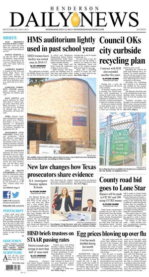 Primary view of object titled 'Henderson Daily News (Henderson, Tex.), Vol. 86, No. 100, Ed. 1 Wednesday, July 15, 2015'.