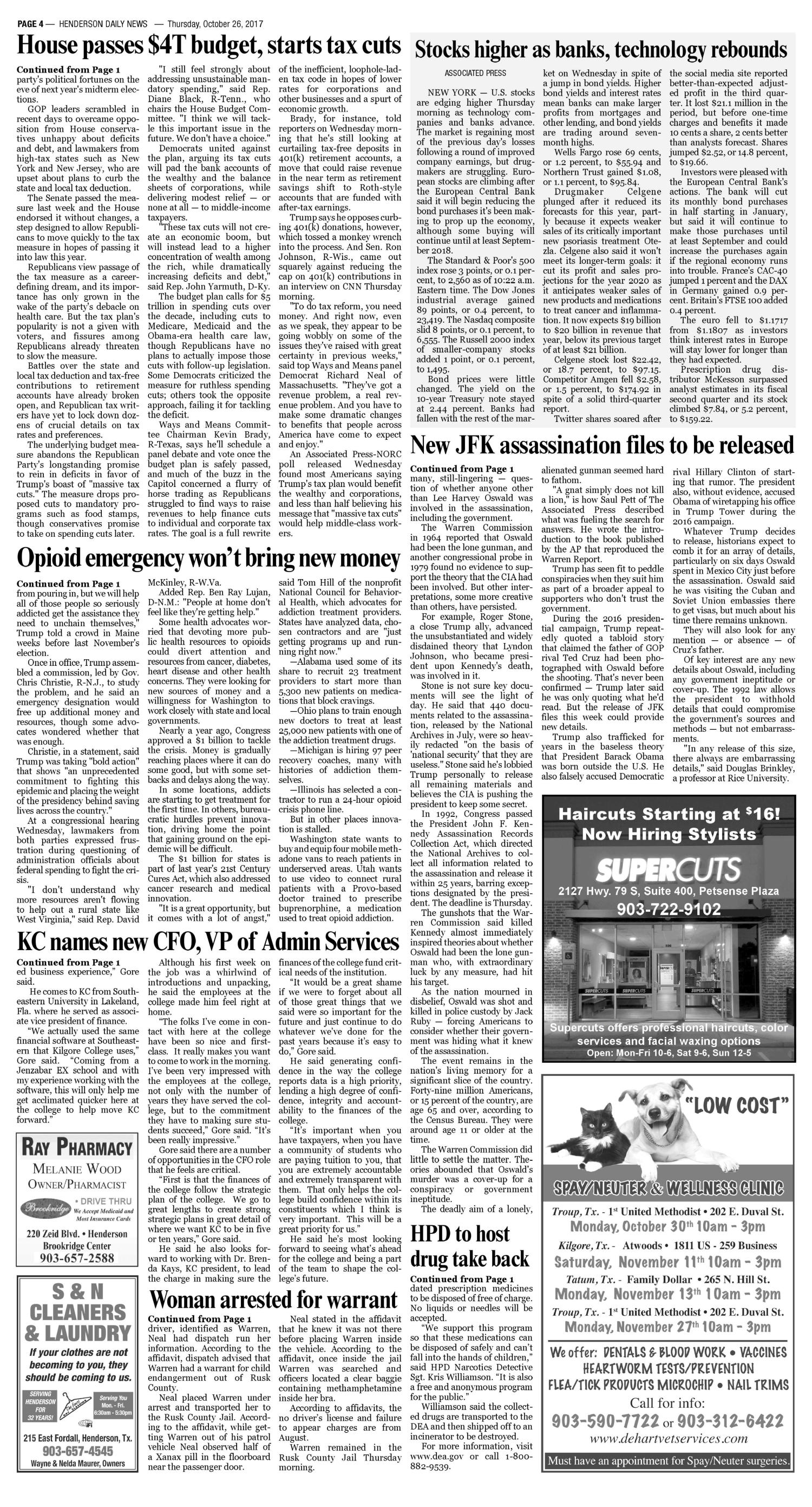 Henderson Daily News (Henderson, Tex.), Vol. 88, No. 187, Ed. 1 Thursday, October 26, 2017
                                                
                                                    [Sequence #]: 4 of 12
                                                