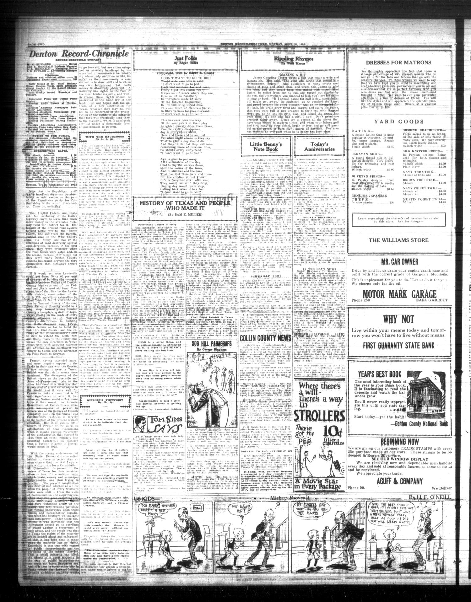 Denton Record-Chronicle (Denton, Tex.), Vol. 22, No. 36, Ed. 1 Monday, September 25, 1922
                                                
                                                    [Sequence #]: 2 of 8
                                                