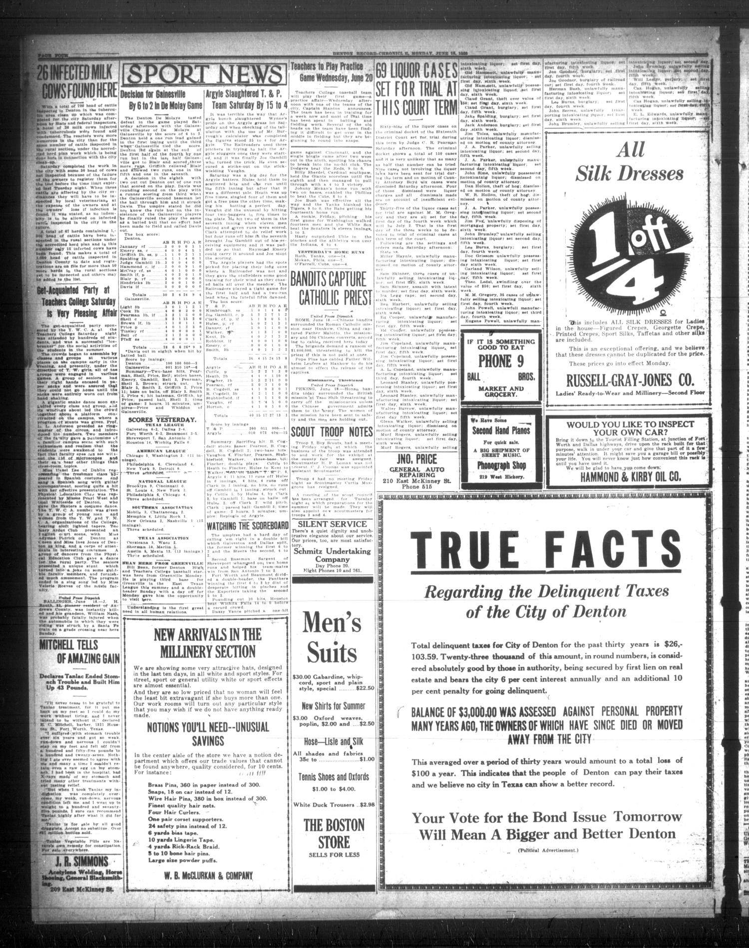Denton Record-Chronicle (Denton, Tex.), Vol. 22, No. 264, Ed. 1 Monday, June 18, 1923
                                                
                                                    [Sequence #]: 4 of 8
                                                