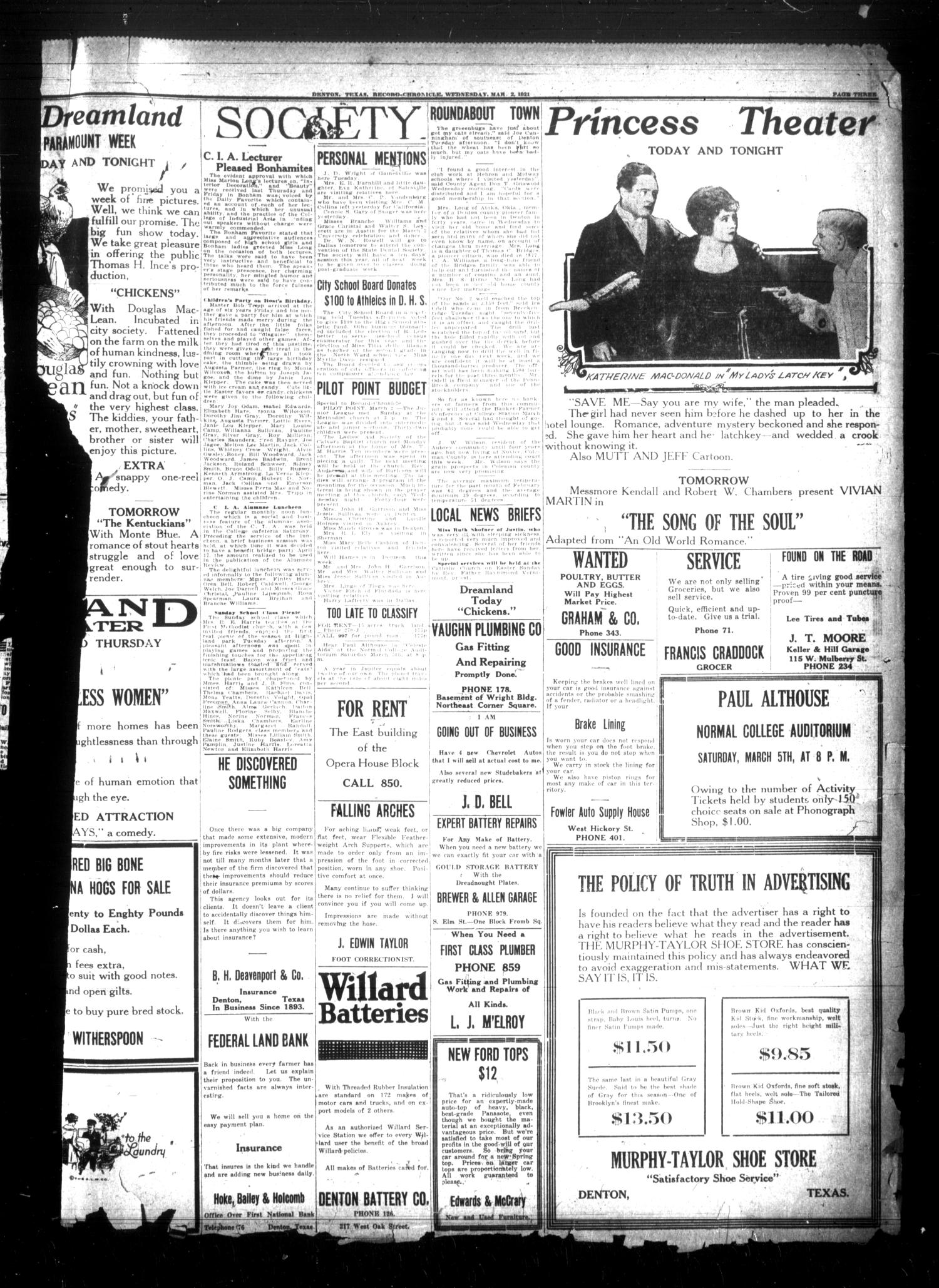 Denton Record-Chronicle. (Denton, Tex.), Vol. 21, No. 172, Ed. 1 Wednesday, March 2, 1921
                                                
                                                    [Sequence #]: 3 of 6
                                                