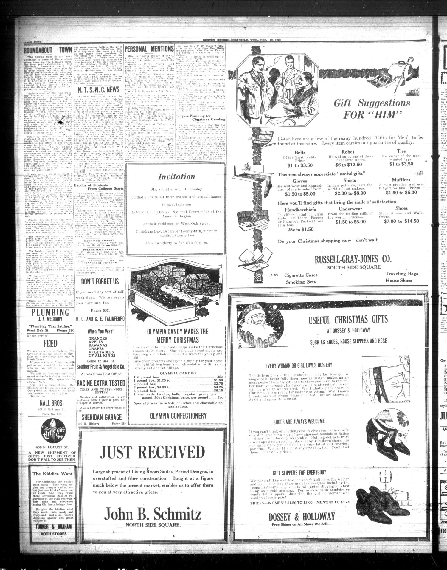 Denton Record-Chronicle (Denton, Tex.), Vol. 22, No. 110, Ed. 1 Wednesday, December 20, 1922
                                                
                                                    [Sequence #]: 4 of 8
                                                