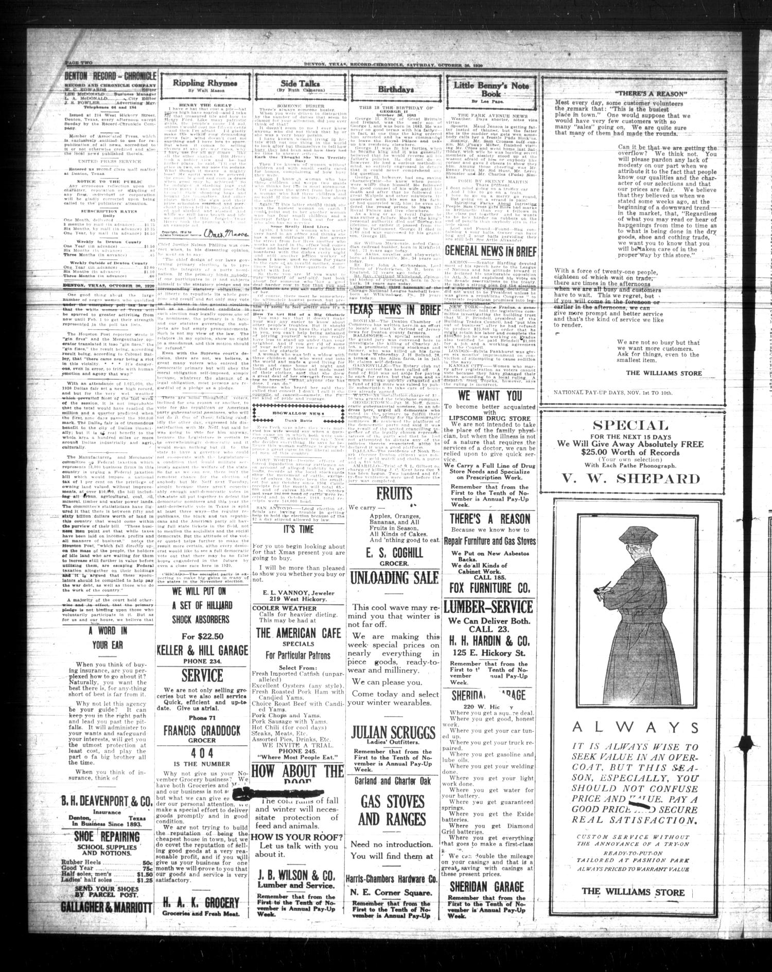 Denton Record-Chronicle. (Denton, Tex.), Vol. 21, No. 67, Ed. 1 Saturday, October 30, 1920
                                                
                                                    [Sequence #]: 2 of 8
                                                