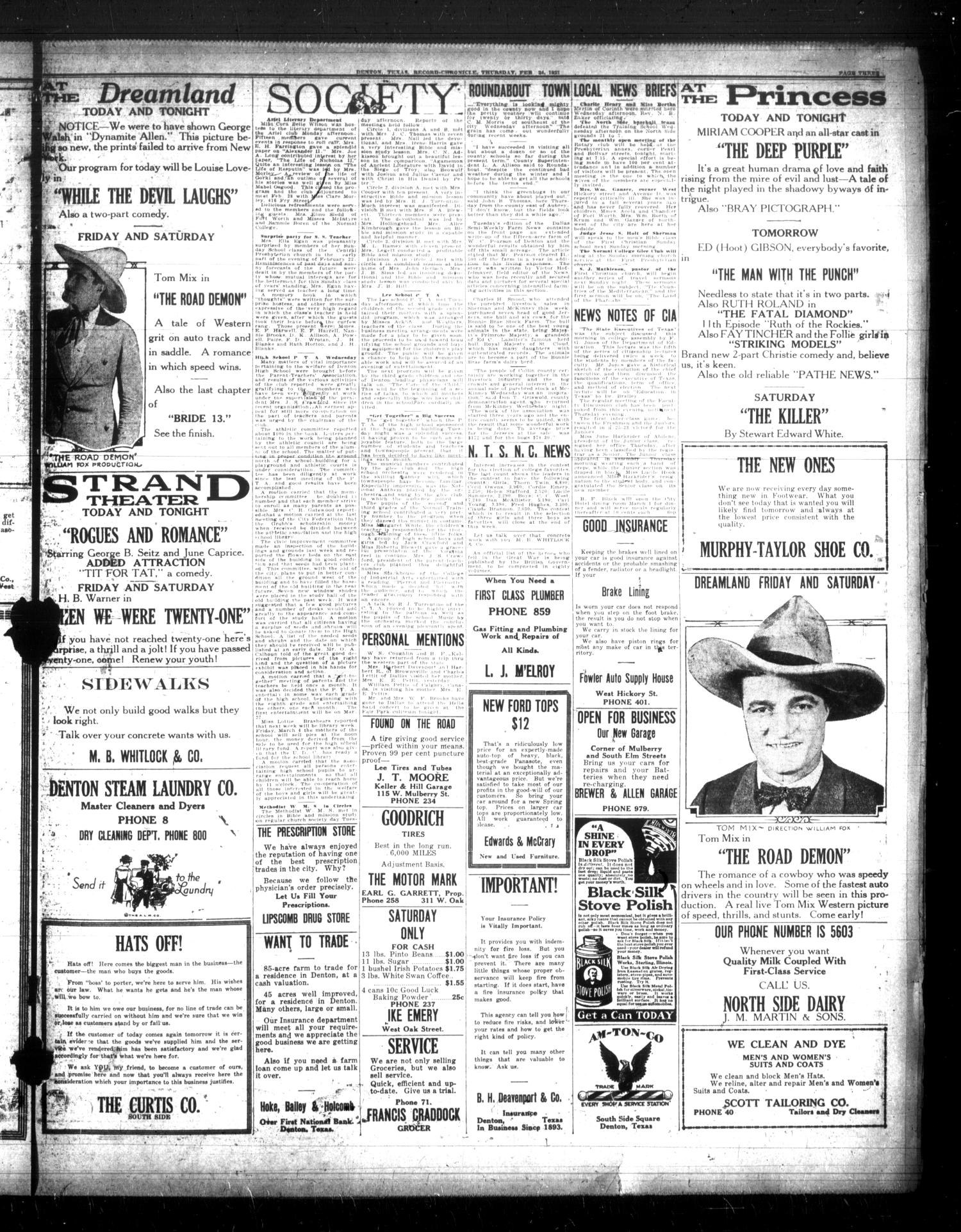 Denton Record-Chronicle. (Denton, Tex.), Vol. 21, No. 167, Ed. 1 Thursday, February 24, 1921
                                                
                                                    [Sequence #]: 3 of 6
                                                