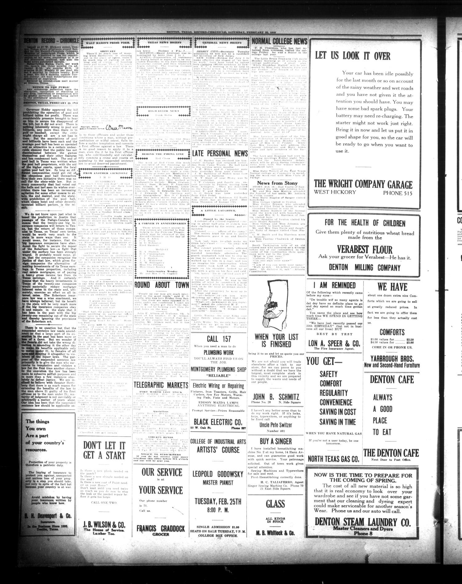 Denton Record-Chronicle. (Denton, Tex.), Vol. 19, No. 166, Ed. 1 Saturday, February 22, 1919
                                                
                                                    [Sequence #]: 4 of 8
                                                