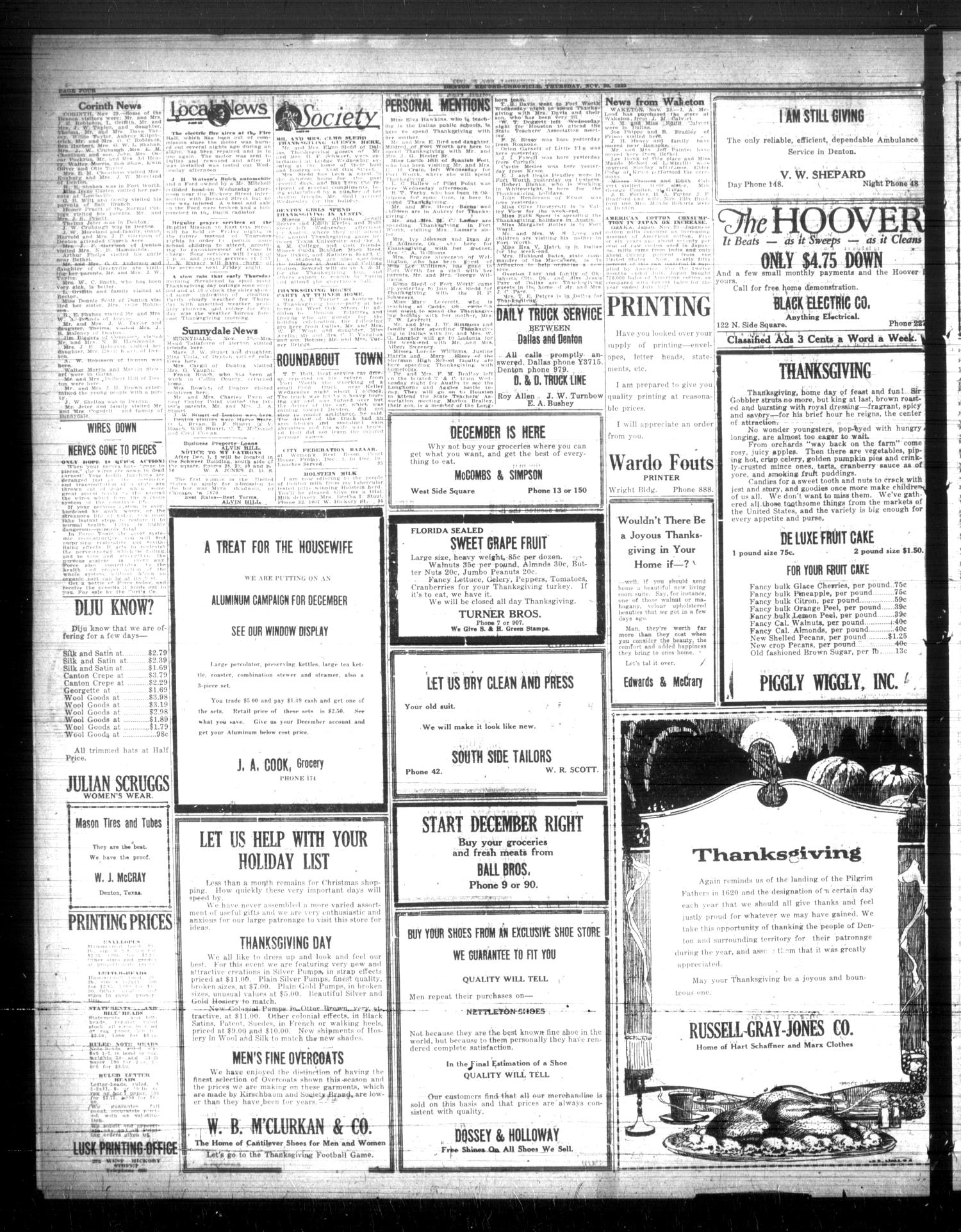 Denton Record-Chronicle (Denton, Tex.), Vol. 22, No. 93, Ed. 1 Thursday, November 30, 1922
                                                
                                                    [Sequence #]: 4 of 6
                                                