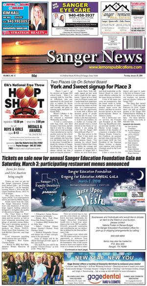 Primary view of object titled 'Sanger News (Sanger, Tex.), Vol. 6, No. 12, Ed. 1 Thursday, January 25, 2018'.