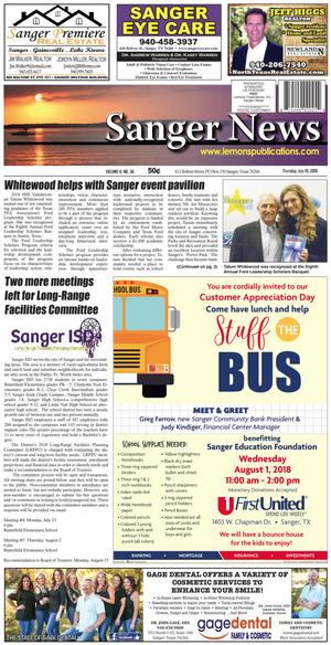 Primary view of Sanger News (Sanger, Tex.), Vol. 6, No. 35, Ed. 1 Thursday, July 19, 2018