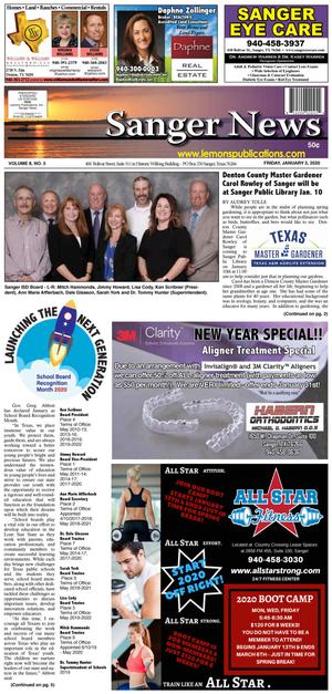 Primary view of Sanger News (Sanger, Tex.), Vol. 8, No. 5, Ed. 1 Friday, January 3, 2020