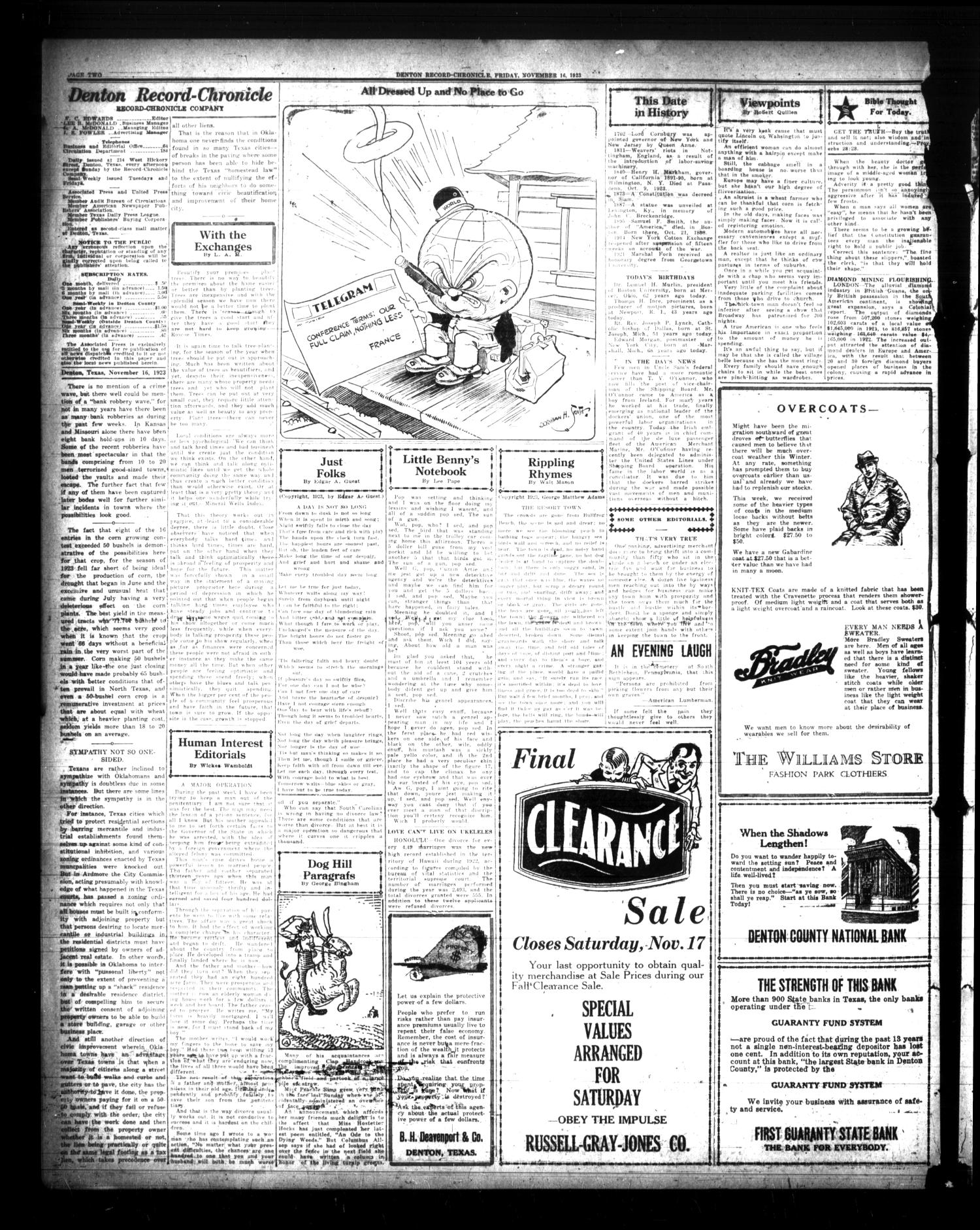Denton Record-Chronicle (Denton, Tex.), Vol. 23, No. 81, Ed. 1 Friday, November 16, 1923
                                                
                                                    [Sequence #]: 2 of 8
                                                
