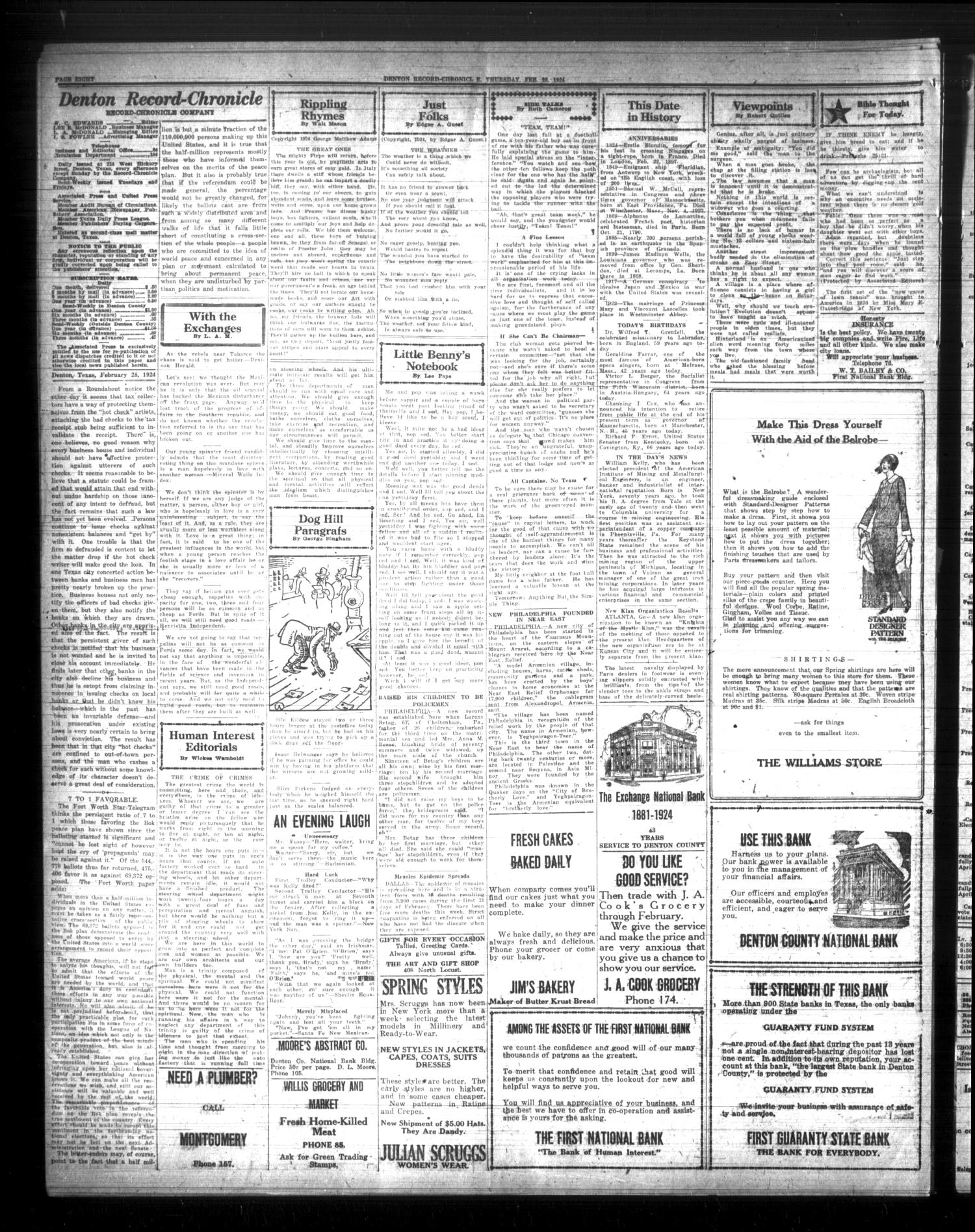 Denton Record-Chronicle (Denton, Tex.), Vol. 23, No. 169, Ed. 1 Thursday, February 28, 1924
                                                
                                                    [Sequence #]: 8 of 10
                                                