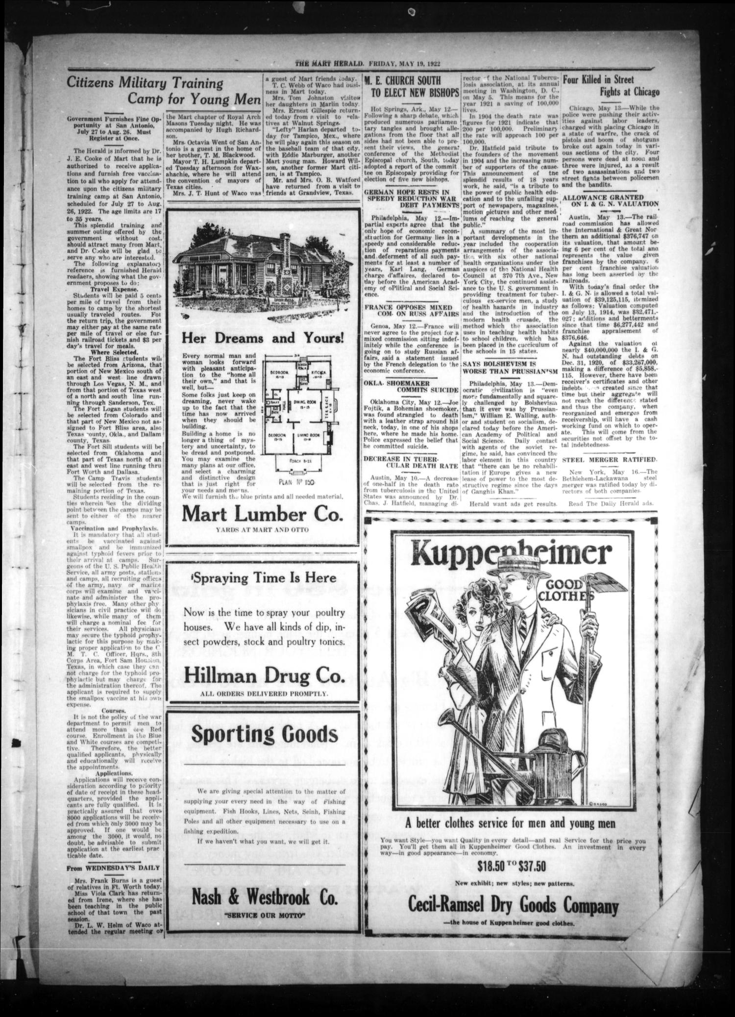 The Mart Herald (Mart, Tex.), Vol. 22, No. 49, Ed. 1 Friday, May 19, 1922
                                                
                                                    [Sequence #]: 3 of 8
                                                