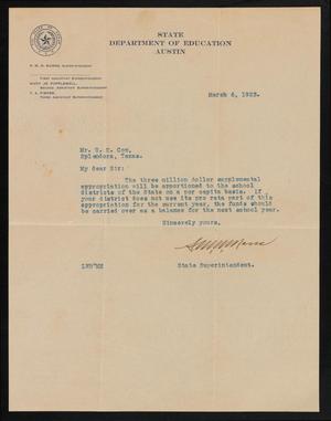 Primary view of object titled '[Letter from S. M. N. Marrs to C. C. Cox, March 6, 1923]'.