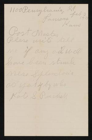 Primary view of object titled '[Letter from Kate S. Puckett to the Postmaster of Splendora, Texas, February 3, 1923]'.