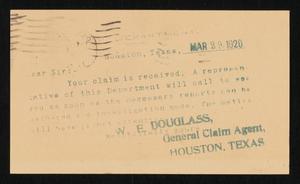 Primary view of object titled '[Postcard from W. E. Douglas to C. C. Cox, March 29, 1920]'.