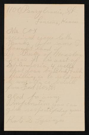 Primary view of object titled '[Letter from Kate S. Lyring to C. C. Cox, October 5, 1921]'.