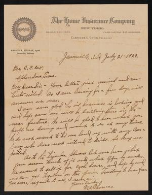 Primary view of object titled '[Letter from M. A. Thomas to C. C. Cox, July 21, 1922]'.