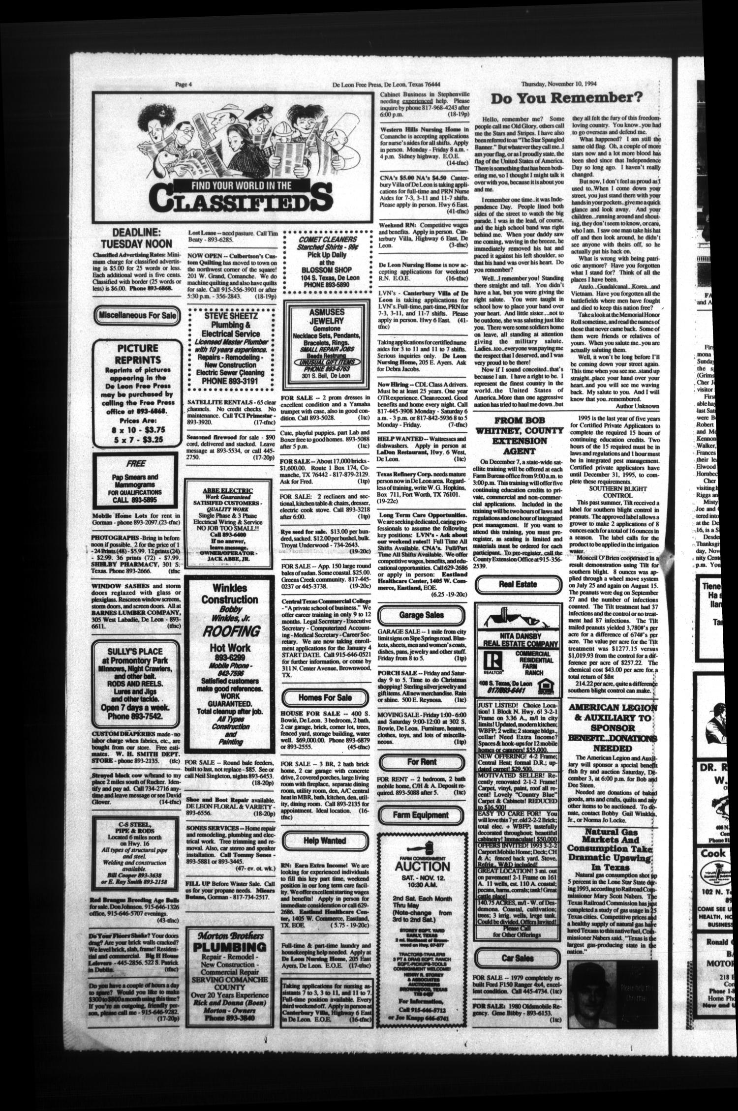 De Leon Free Press (De Leon, Tex.), Vol. 105, No. 19, Ed. 1 Thursday, November 10, 1994
                                                
                                                    [Sequence #]: 4 of 14
                                                