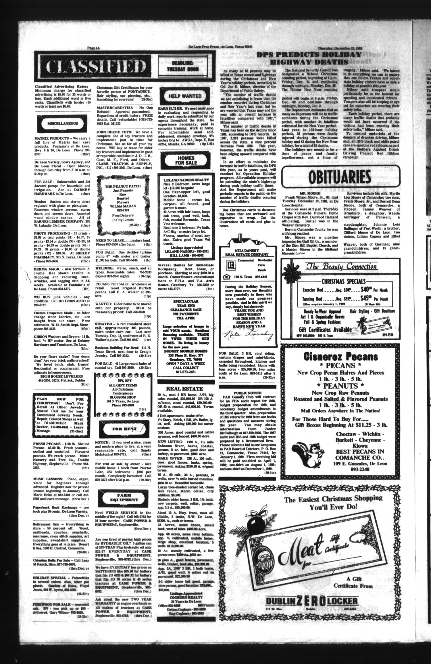 De Leon Free Press (De Leon, Tex.), Vol. 101, No. 30, Ed. 1 Thursday, December 22, 1988
                                                
                                                    [Sequence #]: 4 of 14
                                                