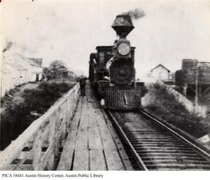 Primary view of object titled '[Train on Waller Creek Bridge]'.