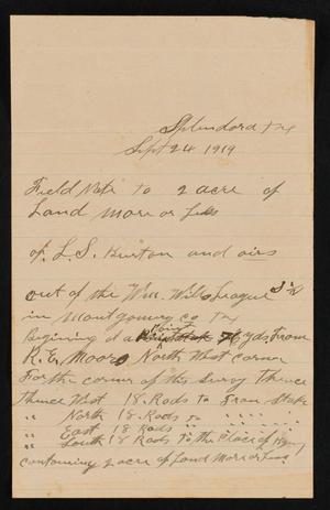 Primary view of object titled '[Note on Land of L. S. Burton, Splendora, Texas]'.