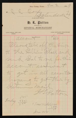 Primary view of object titled '[Invoice from H. L. Patton to C. C. Cox, September 2, 1919]'.