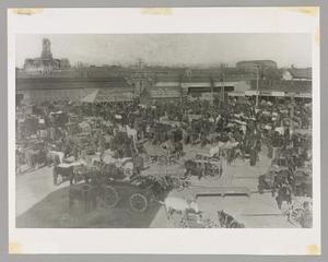 Primary view of object titled '[Horses and Carts in Cleburne's Market Square]'.