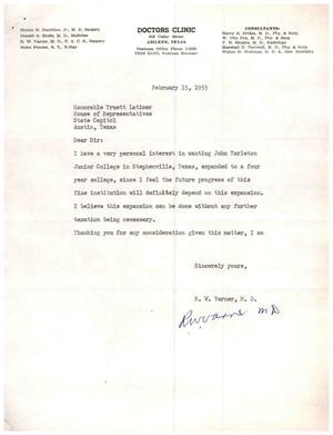 Primary view of object titled '[Letter from R. W. Varner to Truett Latimer, February 15, 1955]'.