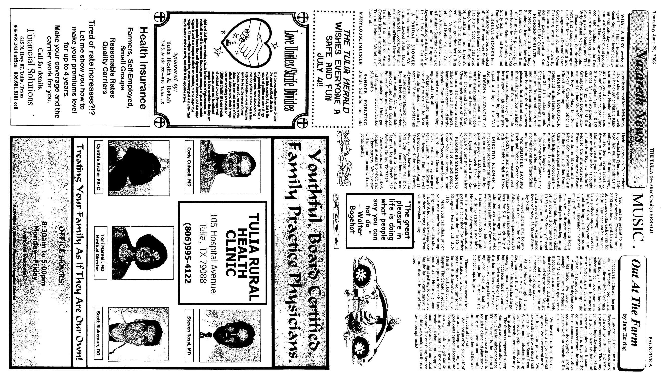 The Tulia Herald (Tulia, Tex.), Vol. 98, No. 26, Ed. 1 Thursday, June 29, 2006
                                                
                                                    [Sequence #]: 5 of 12
                                                