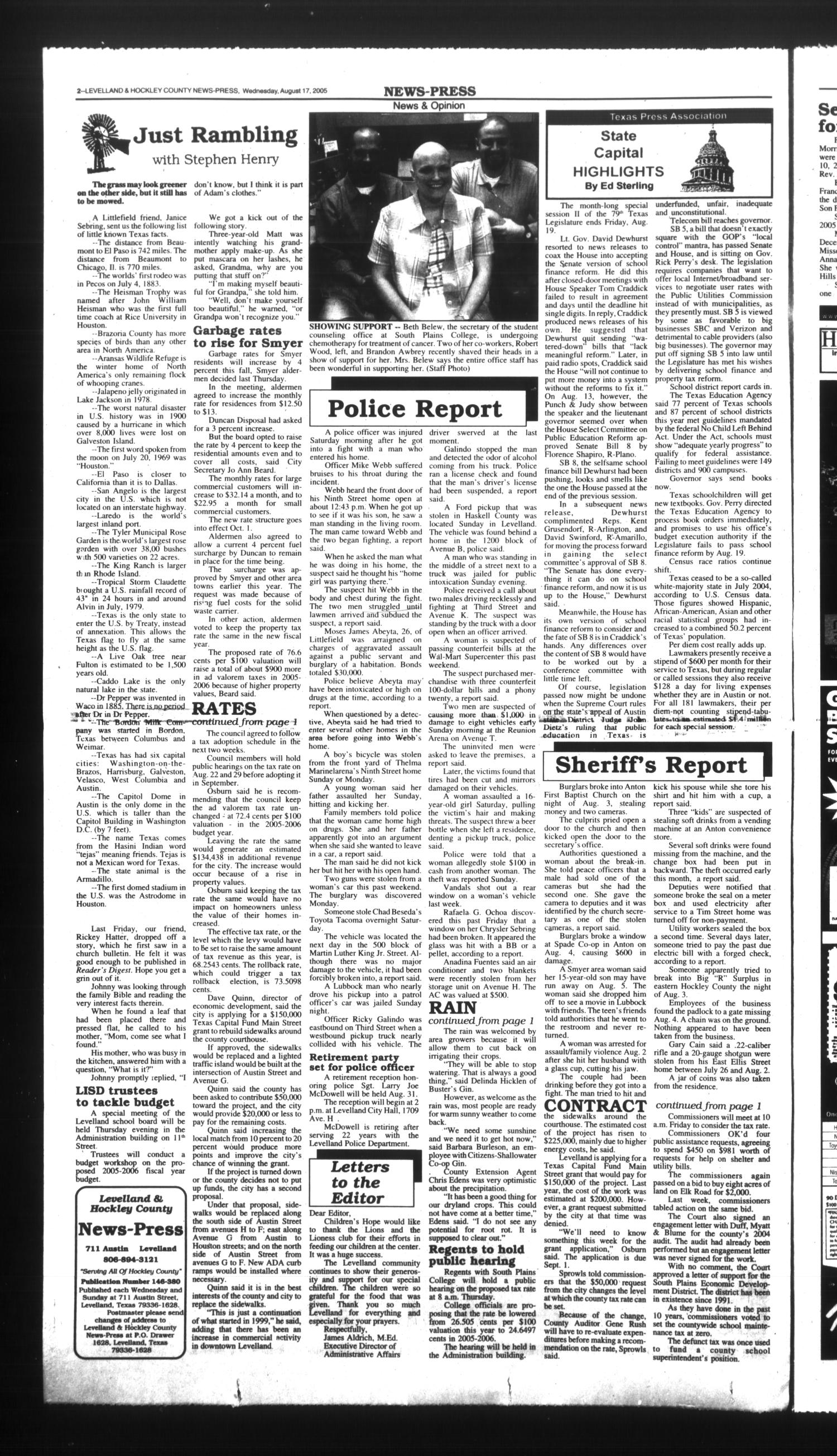 Levelland and Hockley County News-Press (Levelland, Tex.), Vol. 28, No. 38, Ed. 1 Wednesday, August 17, 2005
                                                
                                                    [Sequence #]: 2 of 12
                                                
