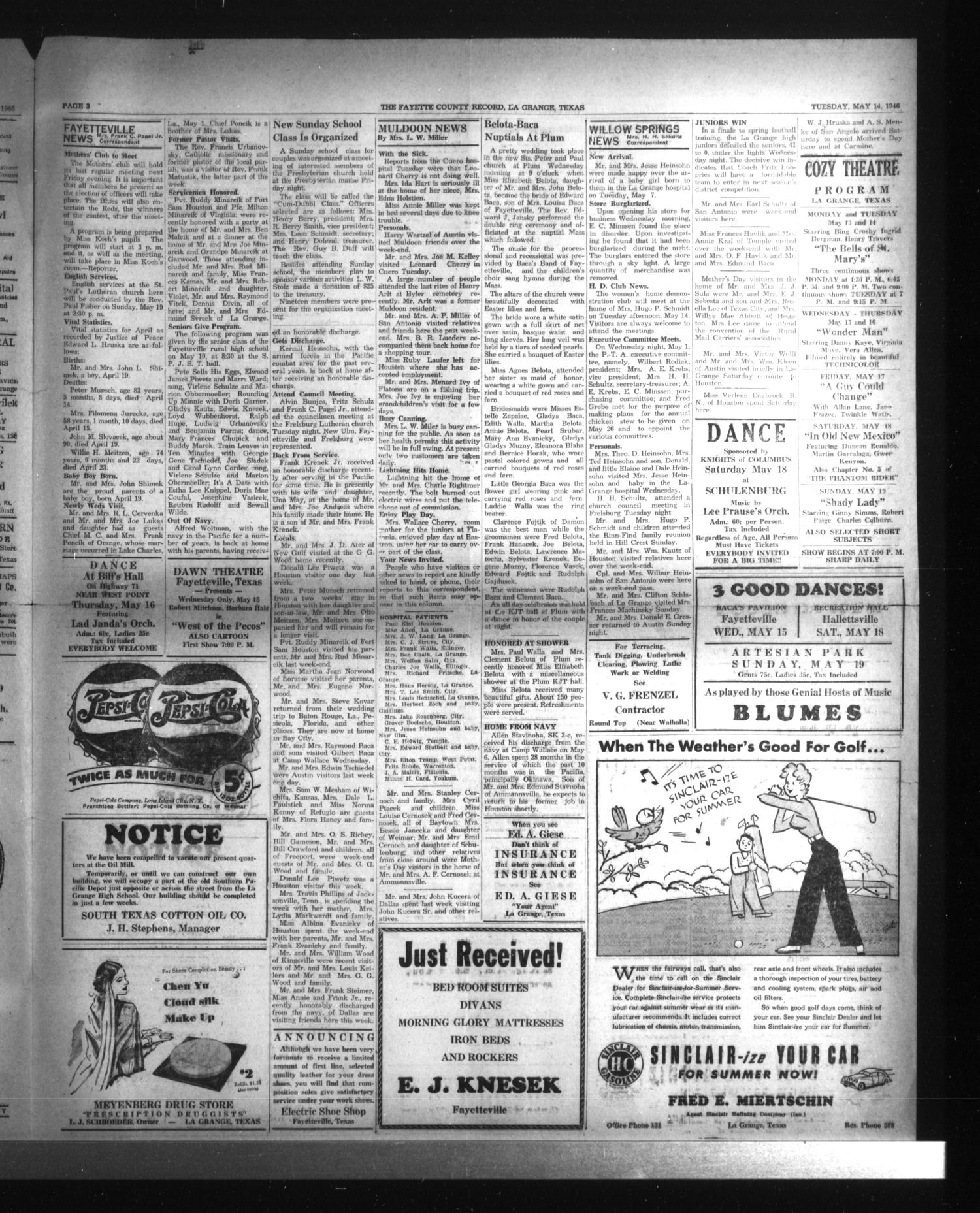The Fayette County Record (La Grange, Tex.), Vol. 24, No. 56, Ed. 1 Tuesday, May 14, 1946
                                                
                                                    [Sequence #]: 3 of 4
                                                