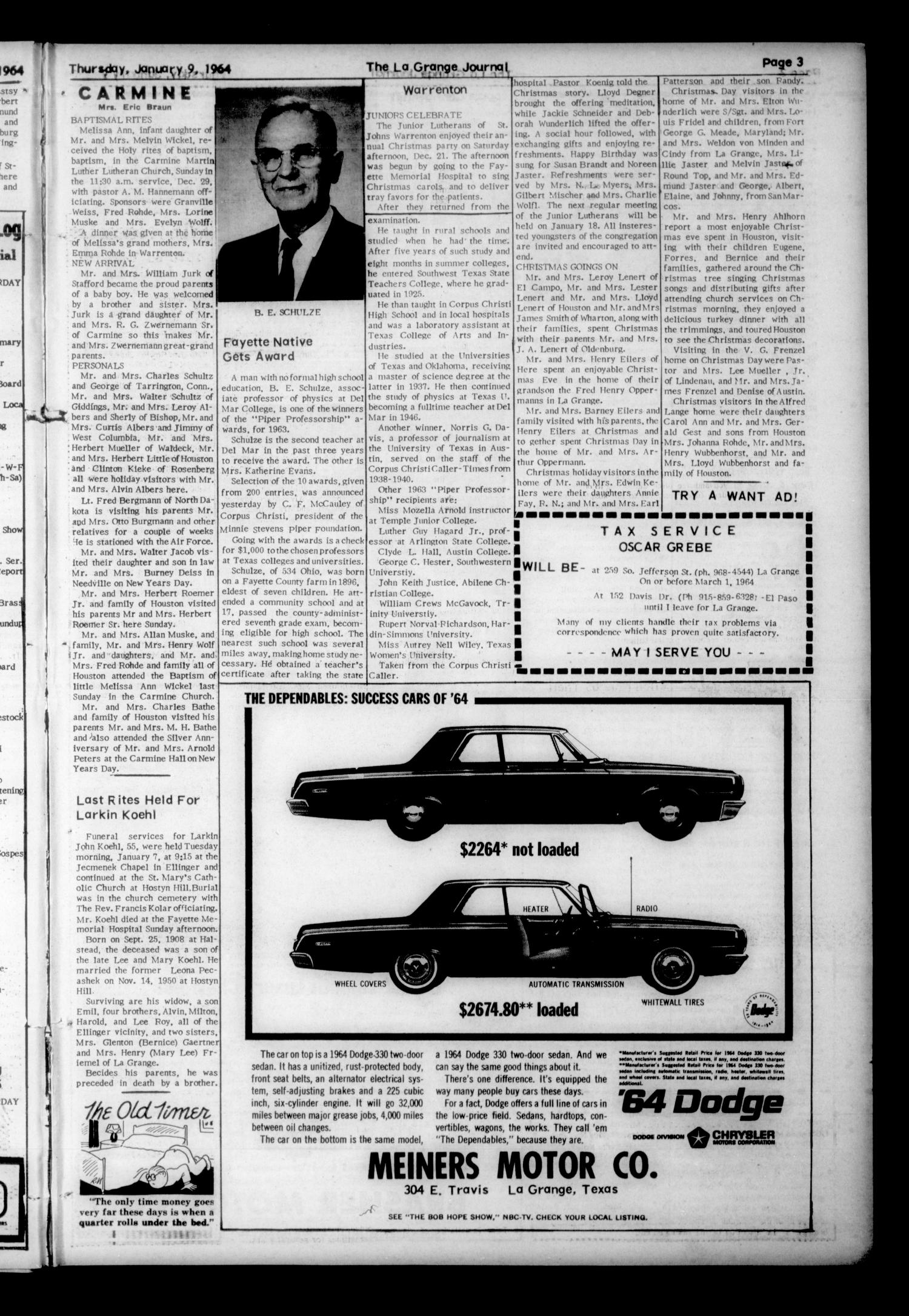 The La Grange Journal (La Grange, Tex.), Vol. 85, No. 2, Ed. 1 Thursday, January 9, 1964
                                                
                                                    [Sequence #]: 3 of 12
                                                