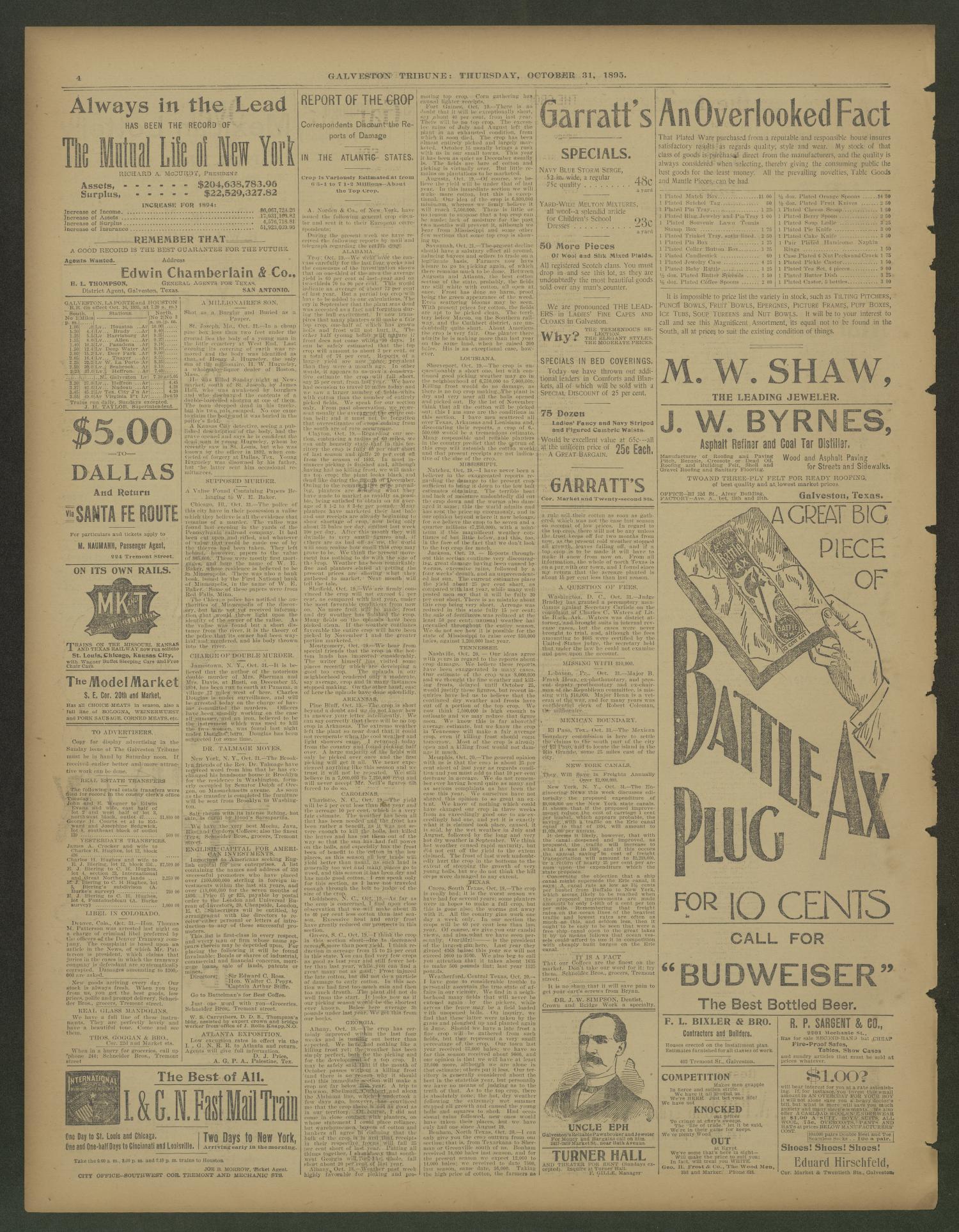 Galveston Tribune. (Galveston, Tex.), Vol. 15, No. 291, Ed. 1 Thursday, October 31, 1895
                                                
                                                    [Sequence #]: 4 of 4
                                                