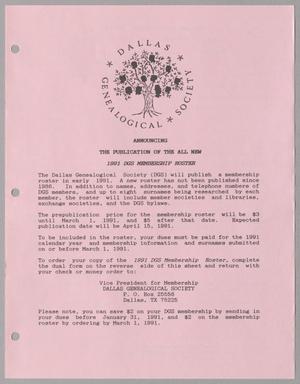 Primary view of object titled '[Flyer Announcing the 1991 Dallas Genealogical Society Membership Roster]'.