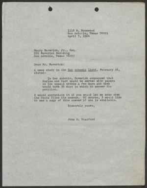 Primary view of [Letter from John W. Stanford to Maury Maverick, Jr., April 7, 1964]