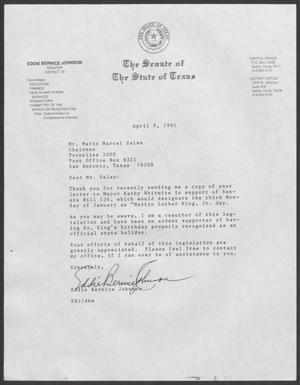 Primary view of object titled '[Letter from Eddie Bernice Johnson to Mario Marcel Salas, April 9, 1991] -- copy'.