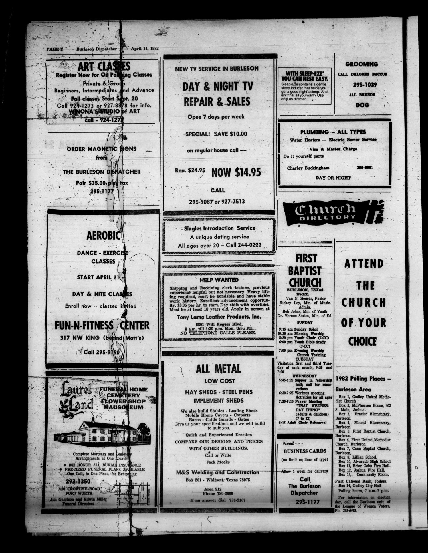 Burleson Dispatcher (Burleson, Tex.), Vol. 21, No. 15, Ed. 1 Wednesday, April 14, 1982
                                                
                                                    [Sequence #]: 2 of 8
                                                