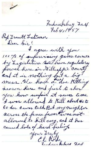 Primary view of object titled '[Letter from Eli Rode to Truett Latimer, February 4, 1957]'.