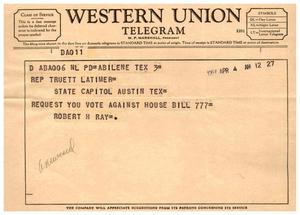 Primary view of object titled '[Telegram from Robert H. Ray, April 4, 1957]'.